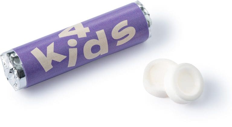 Gepersonaliseerd pepermuntrolletje met 9 pepermuntjes en full colour bedrukte wikkel