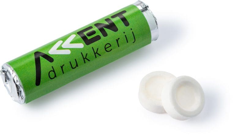 Gepersonaliseerd pepermuntrolletje met 9 pepermuntjes en full colour bedrukte wikkel