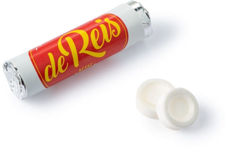 Gepersonaliseerd pepermuntrolletje met 9 pepermuntjes en full colour bedrukte wikkel