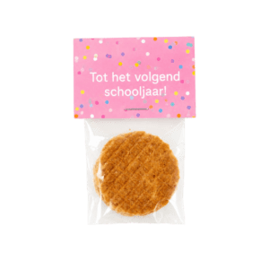 Mini stroopwafel verpakt in een zakje met kopkaartje